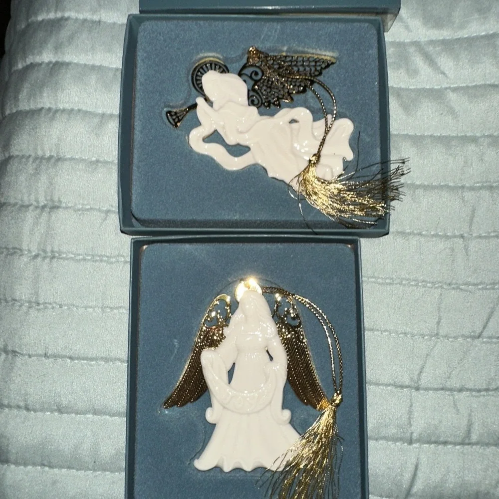 2 Lenox Ornaments Angels Playing Lute Wings BOX Porcelain 1990s Vintage USA